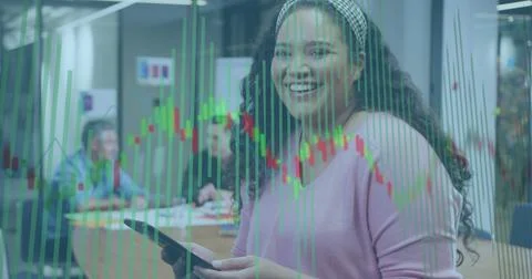 Image of financial data processing over businesswoman working at office Stock Photos