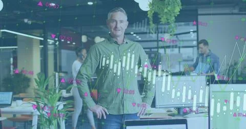 Image of financial data processing over diverse business people working at Stock Photos