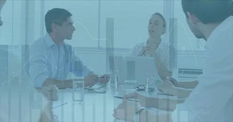 Image of financial data processing over diverse business people having meeting Stock Photos