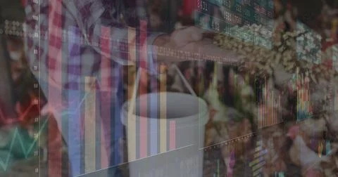 Image of financial data processing over caucasian man feeding chickens Stock Photos