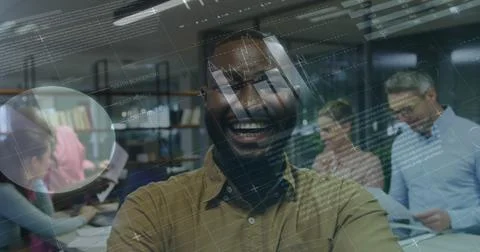 Image of financial data processing over diverse business people working at Stock Photos