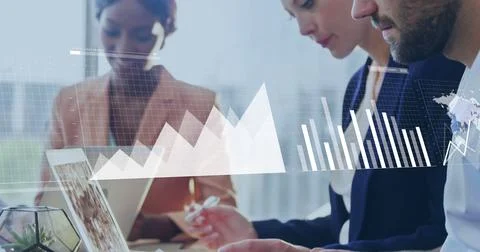 Image of financial data processing over diverse business people in office Stock Photos