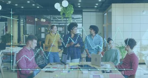 Image of financial data processing over diverse business people having meeting Stock Photos