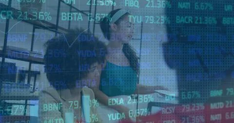 Image of financial data processing over diverse business people Stock Photos