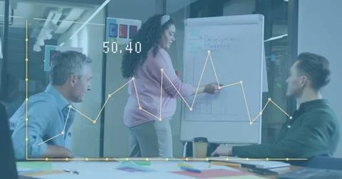 Image of financial data processing over diverse business people having meeting Stock Photos