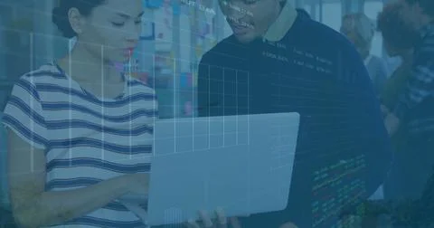 Image of financial data processing over diverse business people using computer Stock Photos