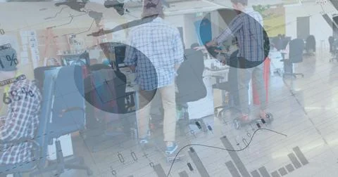 Image of financial data processing over diverse business people skateboarding in Stock Photos