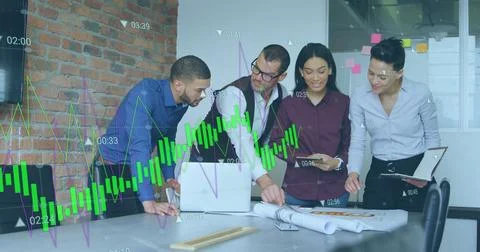 Image of financial data processing over diverse business people Stock Photos