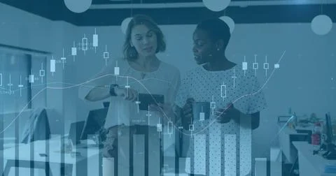 Image of financial data processing over diverse business people in office Stock Photos