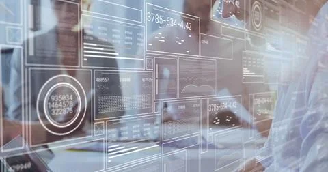Image of financial data processing over diverse business people in office Stock Photos