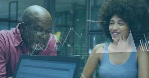 Image of financial data processing over diverse business people Stock Photos