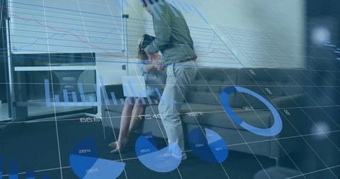 Image of financial data processing over diverse business people Stock Photos