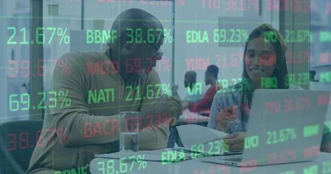 Image of financial data processing over diverse business people Stock Photos