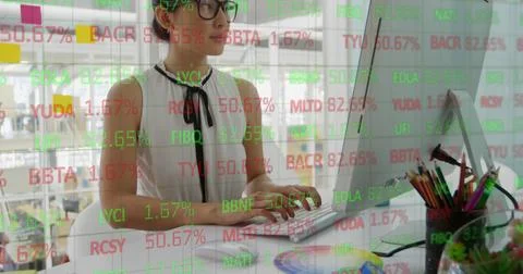 Image of financial data processing over businesswoman using computer Stock Photos