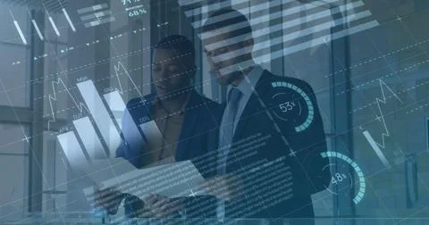Image of financial data processing over two diverse business people Stock Photos