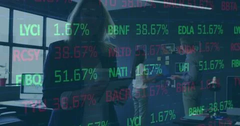 Image of financial data processing over business people Stock Photos