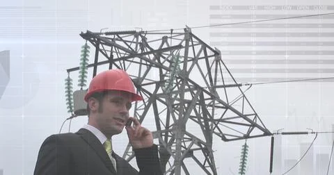 Image of financial data processing over high voltage lines Stock Photos