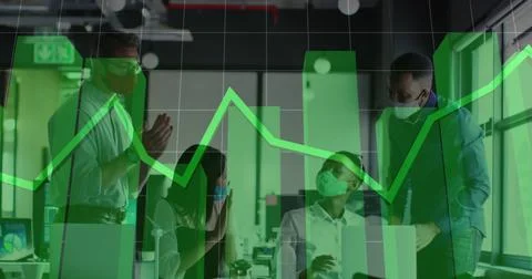 Image of financial data processing over diverse business people using laptop Stock Photos
