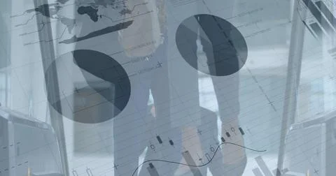 Image of financial data processing over business people using escalator in Stock Photos
