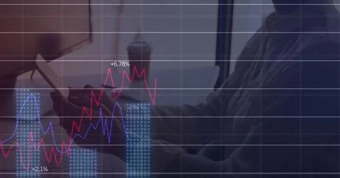 Image of financial data processing over caucasian businesswoman using smartphone Stock Photos