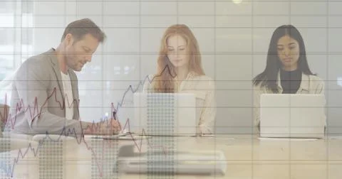 Image of financial data processing over diverse business people using laptops at Stock Photos