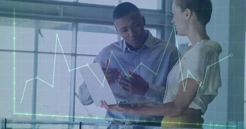 Image of financial data processing over diverse business people in office Stock Photos