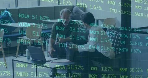 Image of financial data processing over diverse business people Stock Photos