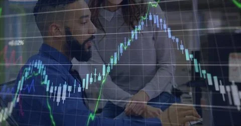 Image of financial data processing over diverse business people Stock Photos