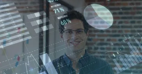 Image of financial data processing over businessman in office Stock Photos