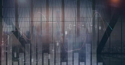 Image of financial data processing over diverse business people walking in Stock Photos