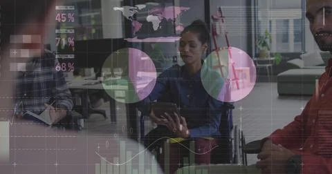 Image of financial data processing over diverse business people Stock Photos