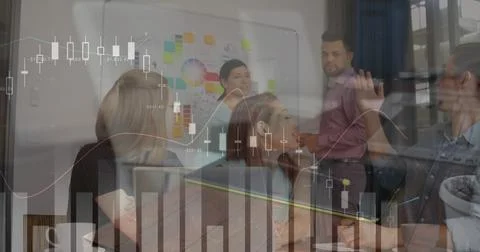 Image of financial data processing over diverse business people using laptop Stock Photos