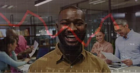 Image of financial data processing over diverse business people working at Stock Photos