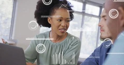 Image of financial data processing over diverse business people in office Stock Photos
