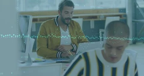 Image of financial data processing over business people working in office Stock Photos