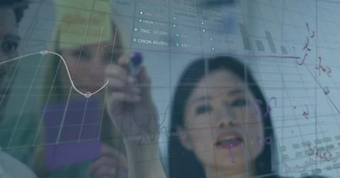 Image of financial data processing over diverse business people Stock Photos