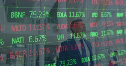 Image of financial data processing over business people Stock Photos