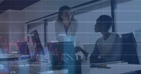 Image of financial data processing over business people in office Stock Photos