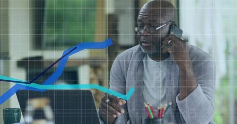 Image of financial data processing over african american businessman in office Stock Photos