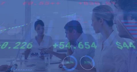 Image of financial data processing over diverse business people having meeting Stock Photos