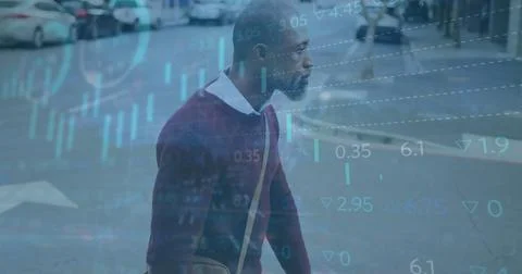 Image of financial data processing over african american businessman using Stock Photos