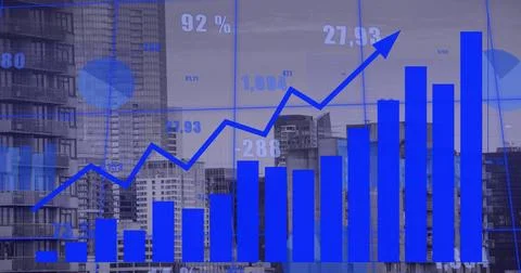 Image of financial data processing over city Stock Photos