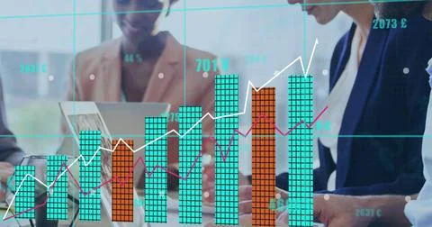 Image of financial data processing over diverse business people in office Stock Photos