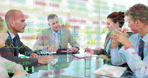 Image of financial data processing over diverse business people Stock Photos