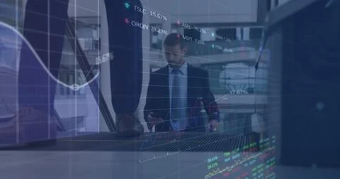 Image of financial data processing over businessman using smartphone Stock Photos