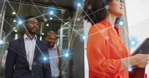 Image of financial data processing over diverse business people in office Stock Photos