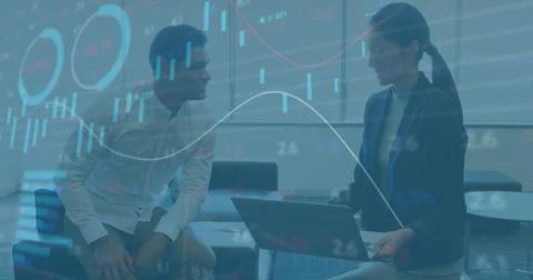 Image of financial data processing over diverse business people Stock Photos