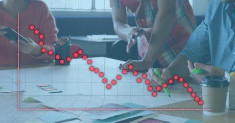 Image of financial data processing over diverse business people having meeting Stock Photos