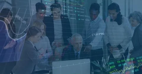 Image of financial data processing over diverse business people Stock Photos
