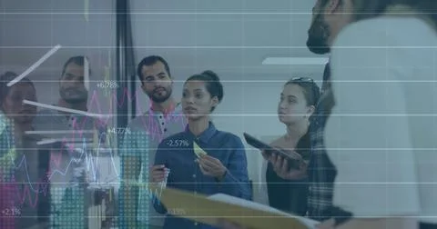 Image of financial data processing over diverse business people Stock Photos